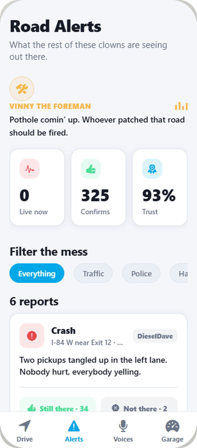 SwearGPS Road Alerts tab showing community reports with confirm and deny voting