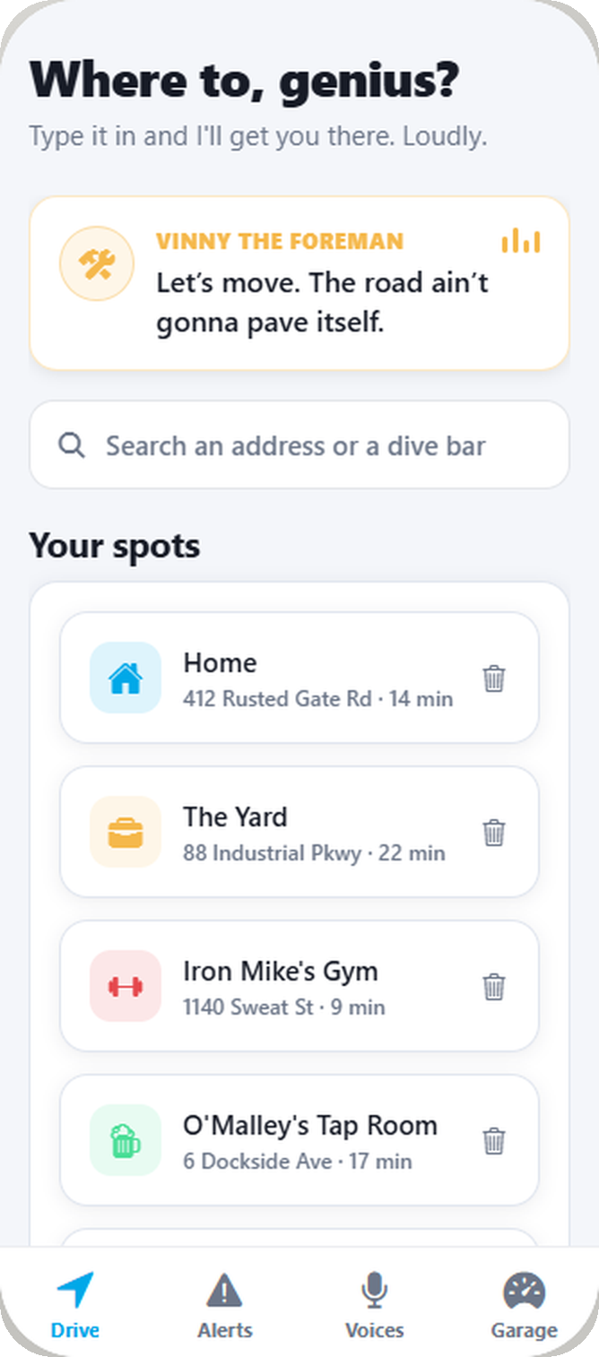 SwearGPS Drive tab with saved spots and drive times