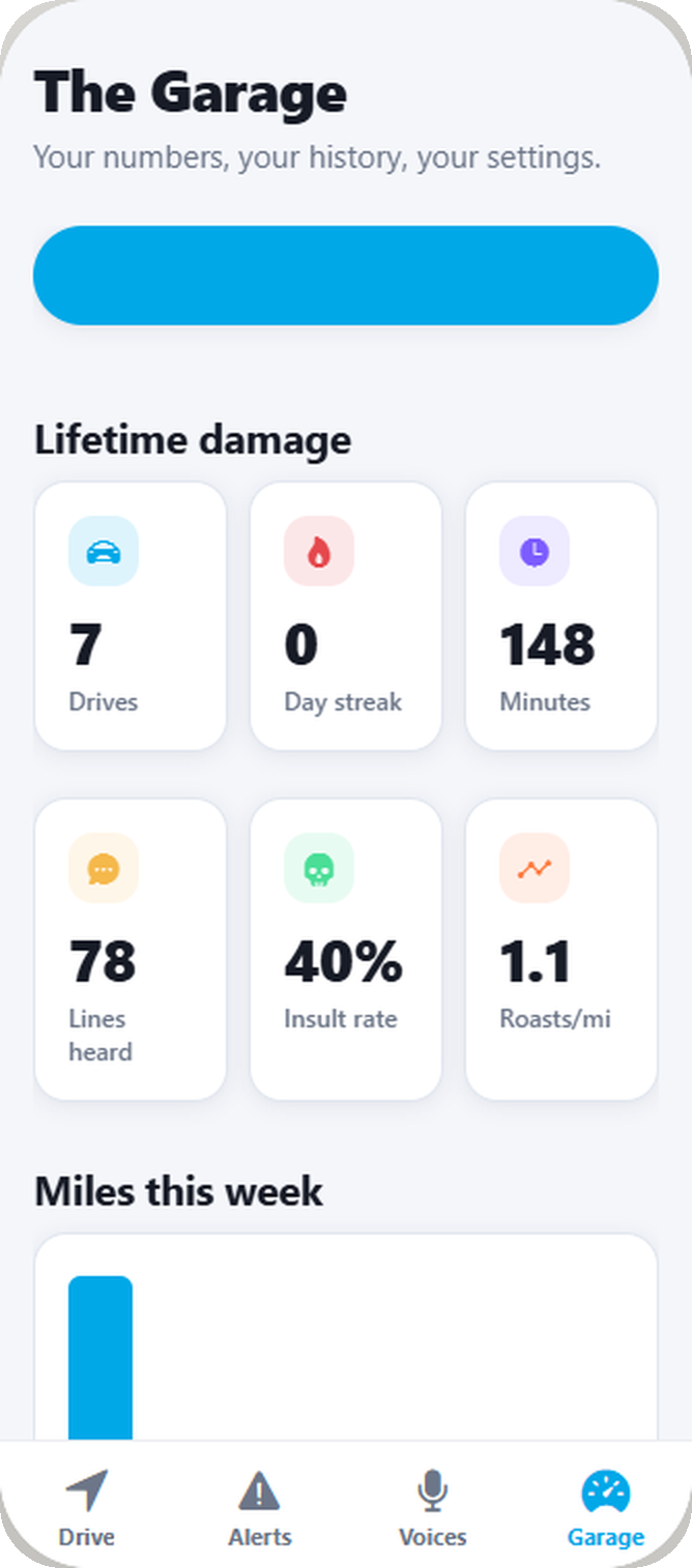SwearGPS Garage tab showing lifetime stats including lines heard and roasts per mile