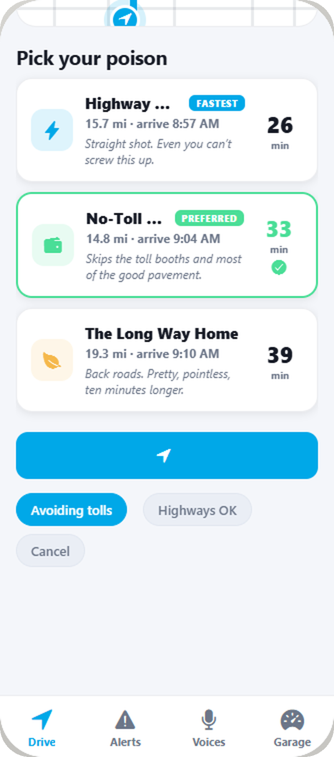 SwearGPS route options screen titled Pick your poison