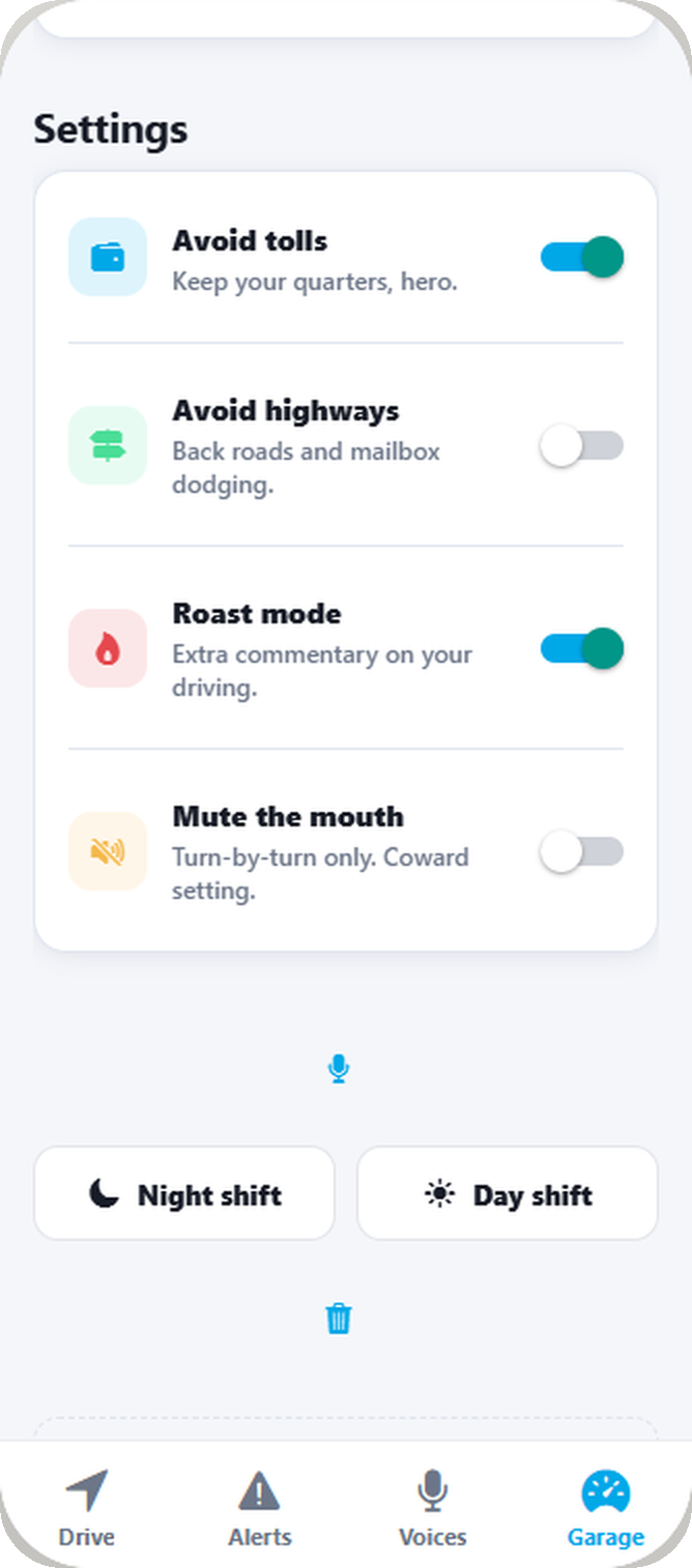 SwearGPS settings showing avoid tolls, avoid highways, roast mode and mute the mouth toggles