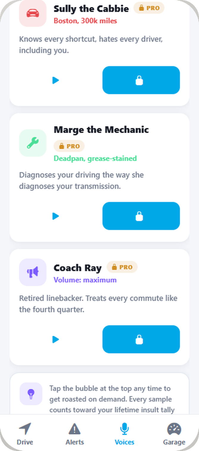 SwearGPS Voices tab showing premium personalities with preview buttons